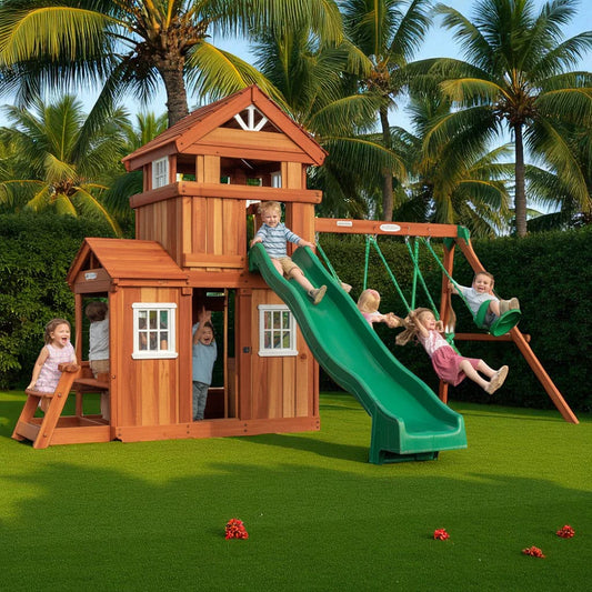 Cedar Playhouse Swing Set – Outdoor Kids Playset with Double Slide, Swings & Clubhouse