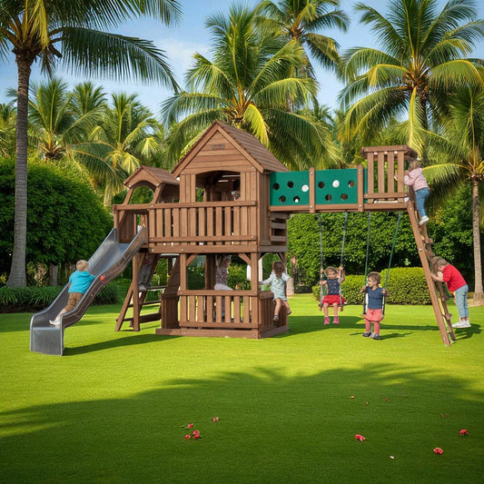 Cedar Fort Swing Set – Outdoor Wooden Playset with Bridge, Slide & Swings