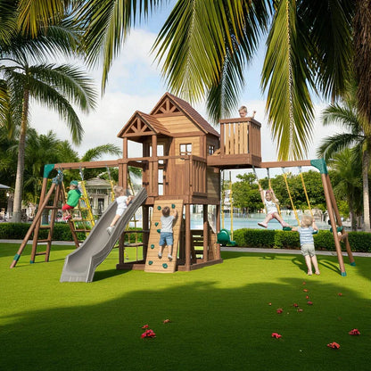 Cedar Wooden Swing Set – Outdoor Playhouse with Slide, Swings, Rock Wall & Climbing Features