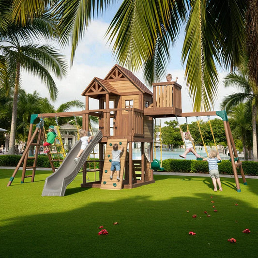 Cedar Wooden Swing Set – Outdoor Playhouse with Slide, Swings, Rock Wall & Climbing Features