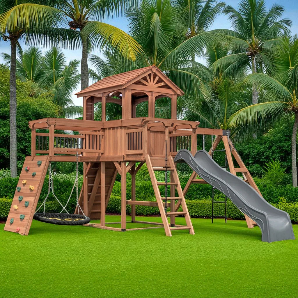 Summit Ridge Wooden Swing Set – Backyard Playset with Tower, Slide, Rock Wall & Swings