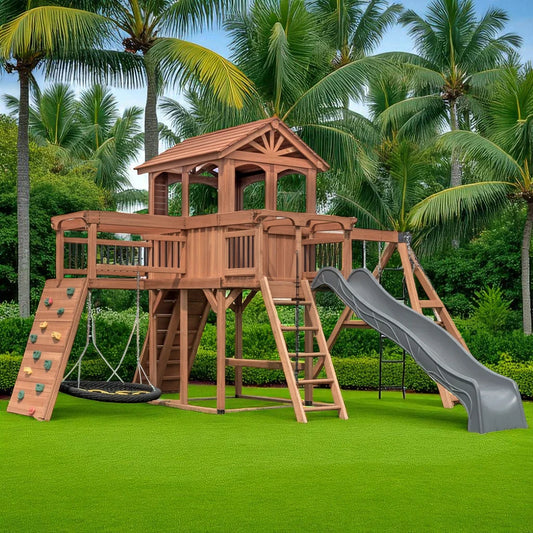 Summit Ridge Wooden Swing Set – Backyard Playset with Tower, Slide, Rock Wall & Swings