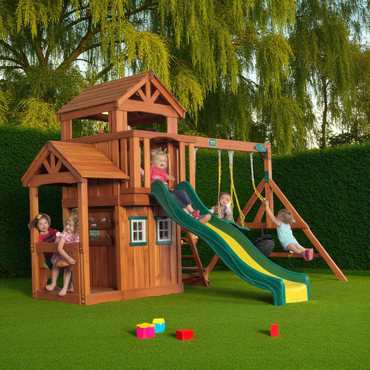 Timberland Retreat Wooden Swing Set – Backyard Playhouse with Slide, Swings & Clubhouse