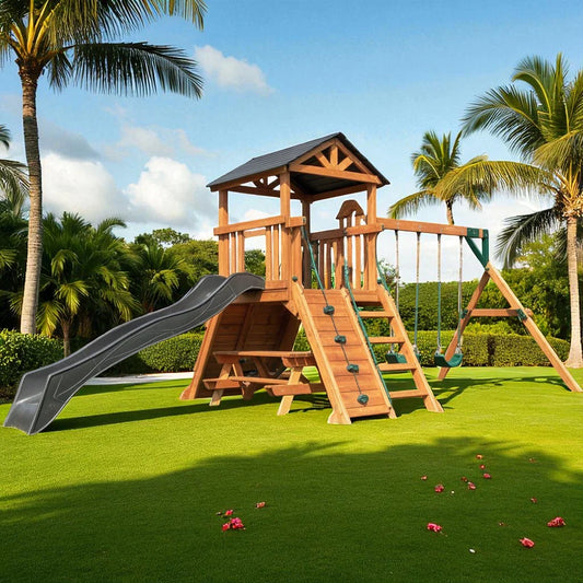 Woodland View Wooden Swing Set – Backyard Playset with Slide, Swings, Rock Wall & Picnic Table