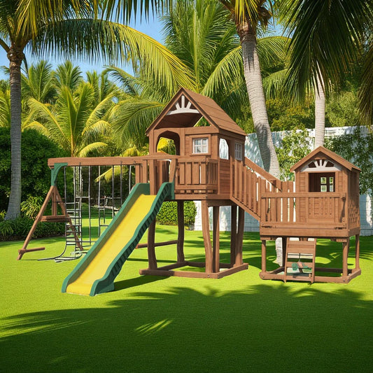 Woodland Escape Wooden Swing Set – Double Clubhouse with Slide, Swings & Climbing Wall