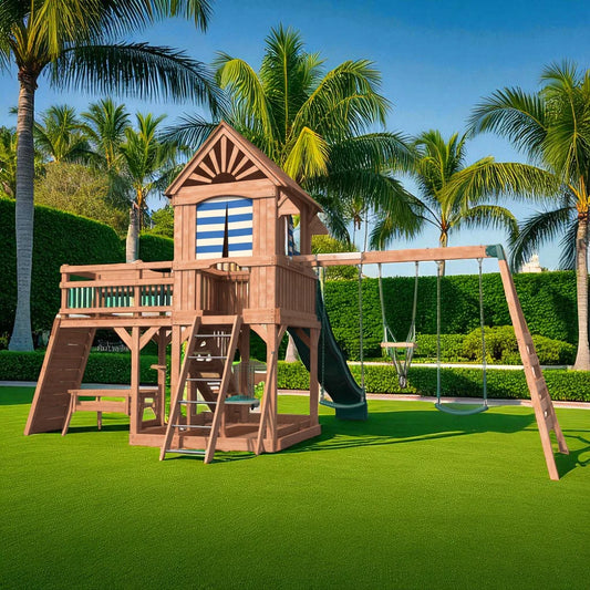 Seaside Lookout Wooden Swing Set – Backyard Playset with Slide, Swings & Fort