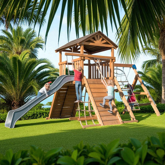 Summit Climber Wooden Playset – Outdoor Kids Playground with Slide, Rope Wall & Tower
