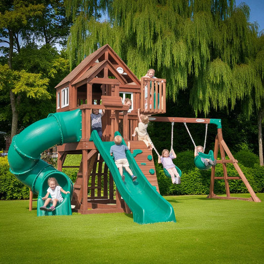 Cedar Wooden Swing Set – Backyard Playhouse with Spiral Tube Slide, Rock Wall, Swings & Clubhouse