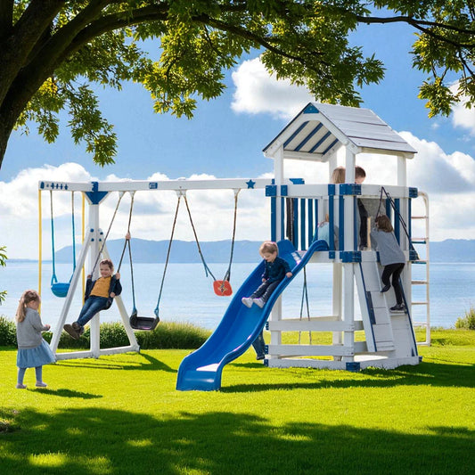 Blue & White Wooden Swing Set with Slide and Play Tower – Kids Outdoor Backyard Playground