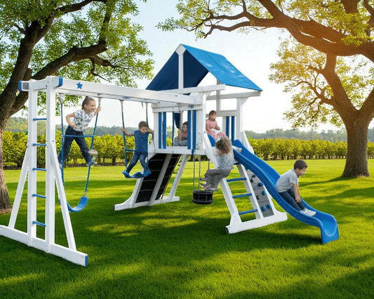 Wooden Swing Set with Slide, Monkey Bars & Play Tower – Backyard Playground for Kids