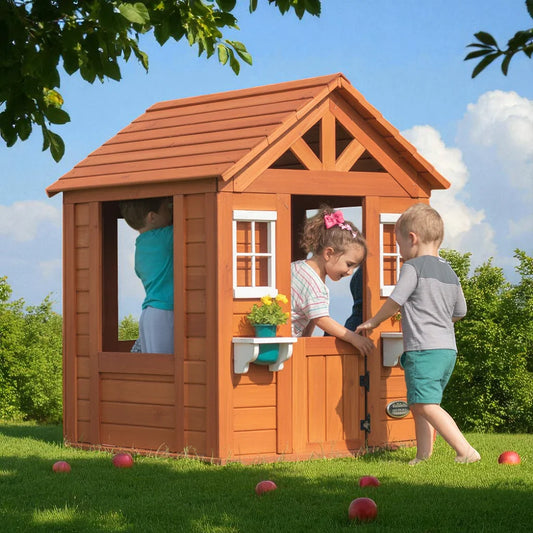 Kids Wooden Playhouse – Outdoor Cottage with White Windows & Flower Boxes
