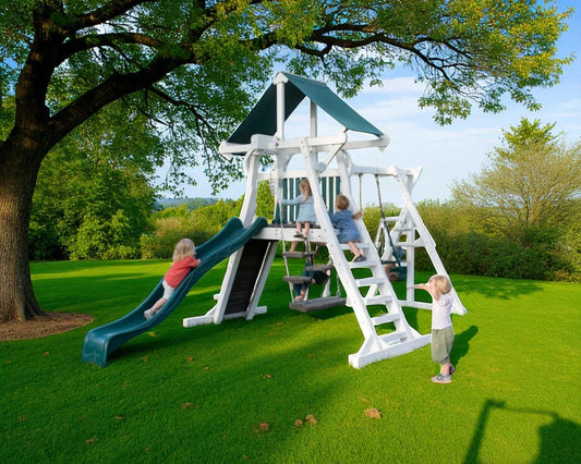 Outdoor Swing Set with Slide – Kids Playground Climbing Deck, Double Swings & Playhouse