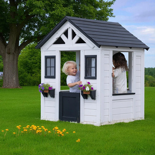 Wooden Kids Playhouse – White Outdoor Cottage with Flower Boxes & Black Roof