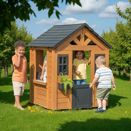 Wooden Kids Playhouse – Natural Outdoor Cottage with Black Roof & Door