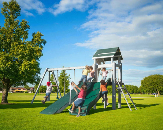 Wooden Outdoor Swing Set with Slide – Backyard Playground with Double Swings, Climbing Ladder & Playhouse