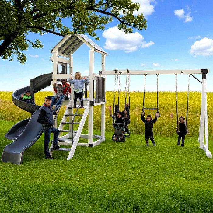 Star Explorer Vinyl Swing Set – Backyard Playground with Spiral Tube Slide, Swings, and Play Tower